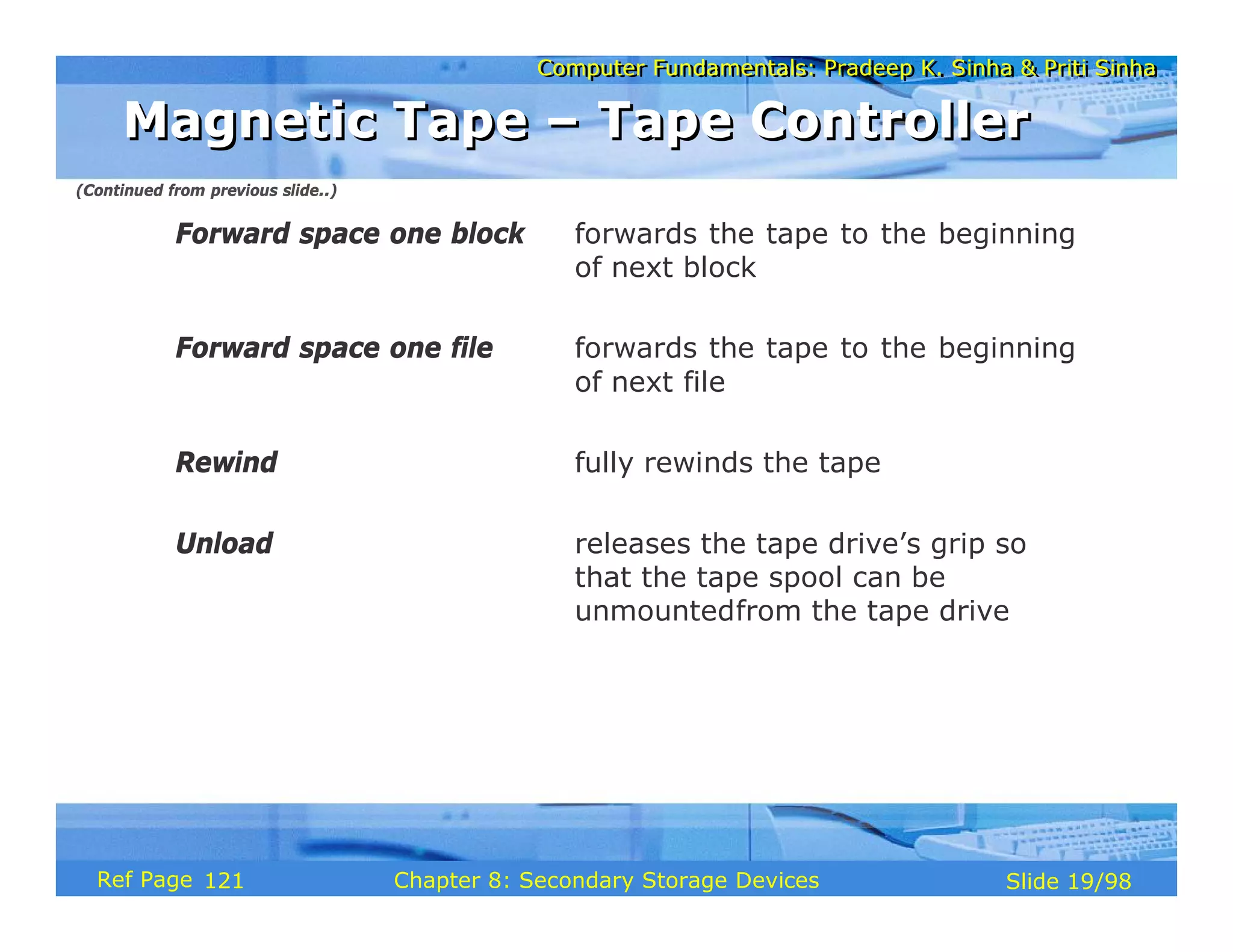 Computer Fundamentals: Pradeep K. Sinha & Priti Sinha
Computer Fundamentals: Pradeep K. Sinha & Priti Sinha
Slide 19/98
Chapter 8: Secondary Storage Devices
Ref Page
Forward space one block forwards the tape to the beginning
of next block
Forward space one file forwards the tape to the beginning
of next file
Rewind fully rewinds the tape
Unload releases the tape drive’s grip so
that the tape spool can be
unmountedfrom the tape drive
Magnetic Tape – Tape Controller
Magnetic Tape – Tape Controller
(Continued from previous slide..)
121
 