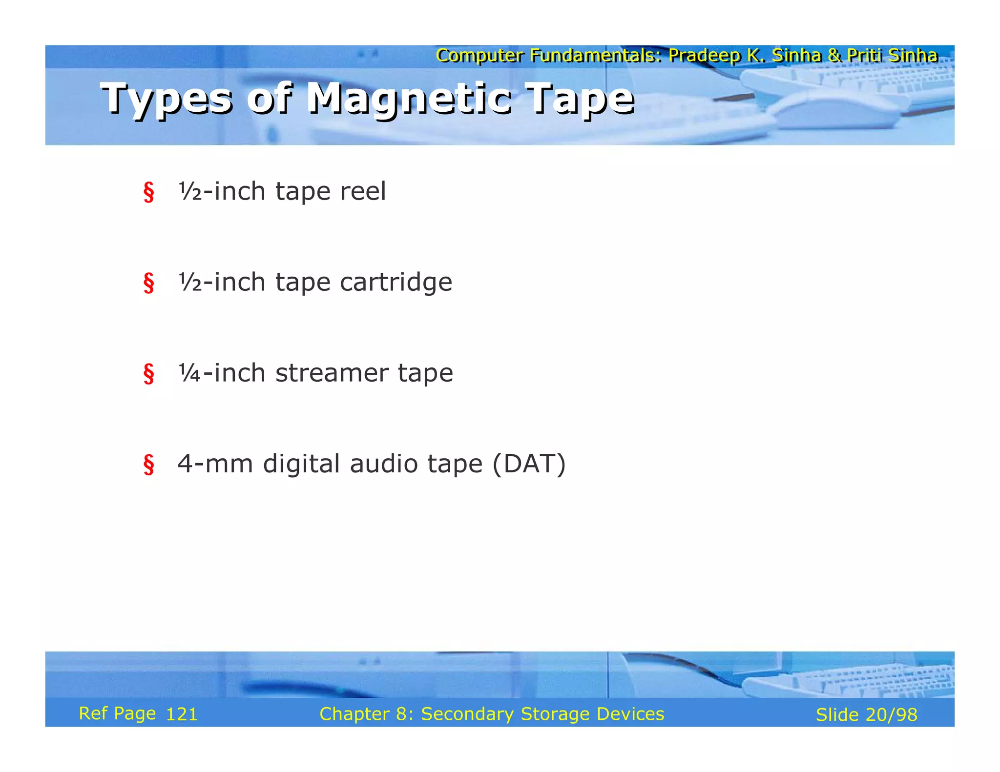 Computer Fundamentals: Pradeep K. Sinha & Priti Sinha
Computer Fundamentals: Pradeep K. Sinha & Priti Sinha
Slide 20/98
Chapter 8: Secondary Storage Devices
Ref Page
§ ½-inch tape reel
§ ½-inch tape cartridge
§ ¼-inch streamer tape
§ 4-mm digital audio tape (DAT)
Types of Magnetic Tape
Types of Magnetic Tape
121
 
