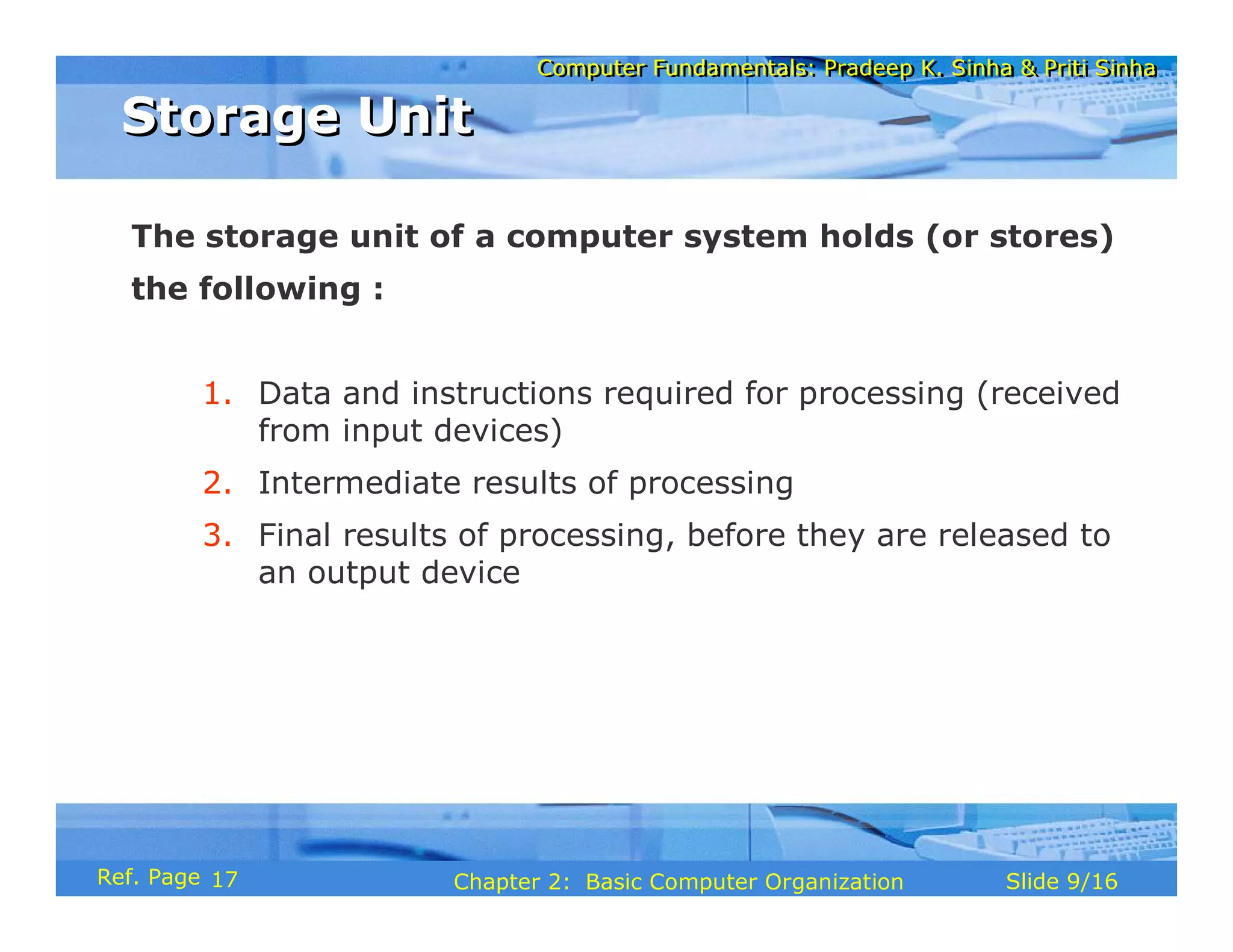 Computer Fundamentals: Pradeep K. Sinha & Priti Sinha
Computer Fundamentals: Pradeep K. Sinha & Priti Sinha
Slide 9/16
Chapter 2: Basic Computer Organization
Ref. Page
The storage unit of a computer system holds (or stores)
the following :
1. Data and instructions required for processing (received
from input devices)
2. Intermediate results of processing
3. Final results of processing, before they are released to
an output device
Storage Unit
Storage Unit
17
 