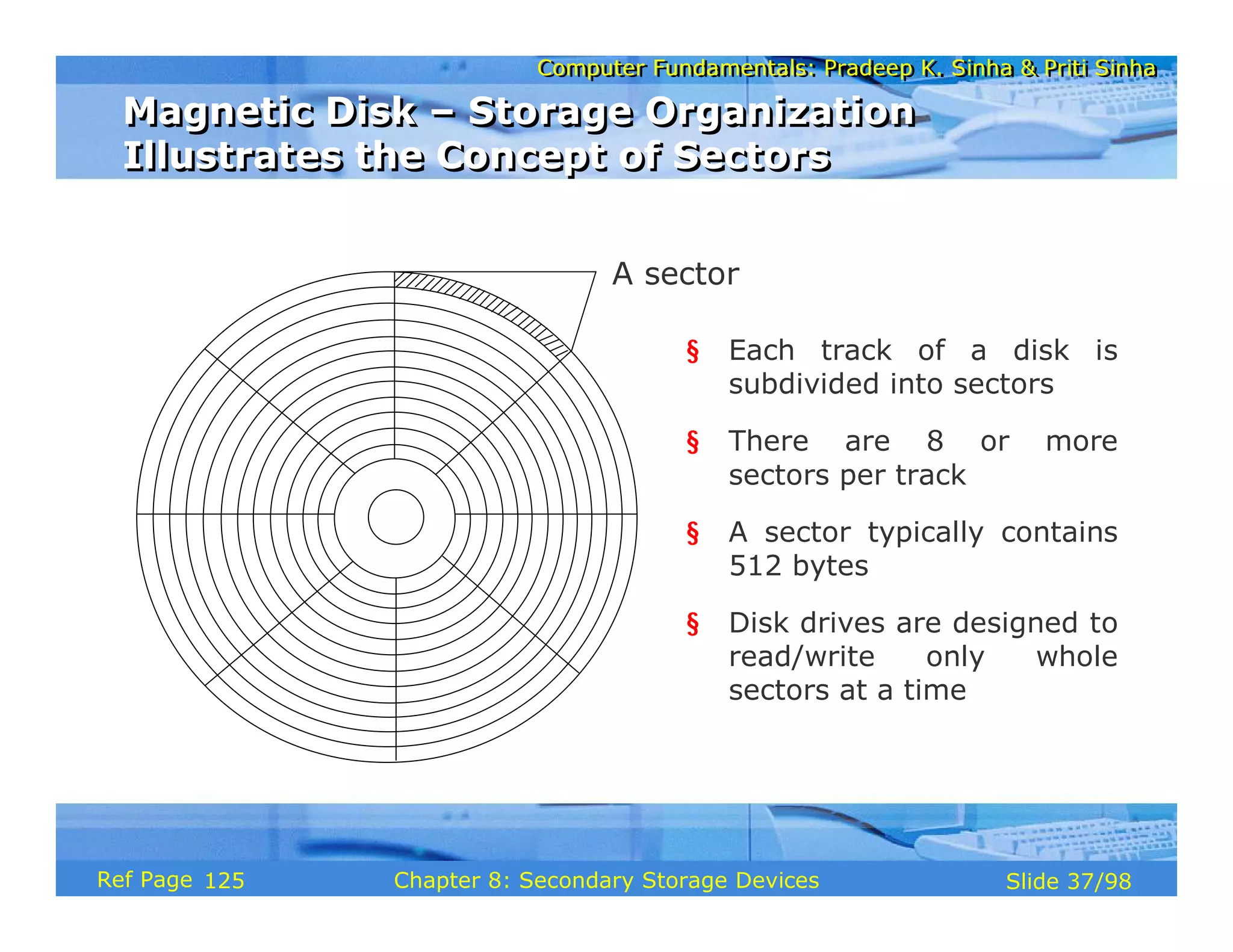 Computer Fundamentals: Pradeep K. Sinha & Priti Sinha
Computer Fundamentals: Pradeep K. Sinha & Priti Sinha
Slide 37/98
Chapter 8: Secondary Storage Devices
Ref Page
A sector
§ Each track of a disk is
subdivided into sectors
§ There are 8 or more
sectors per track
§ A sector typically contains
512 bytes
§ Disk drives are designed to
read/write only whole
sectors at a time
Magnetic Disk – Storage Organization
Illustrates the Concept of Sectors
Magnetic Disk – Storage Organization
Illustrates the Concept of Sectors
125
 