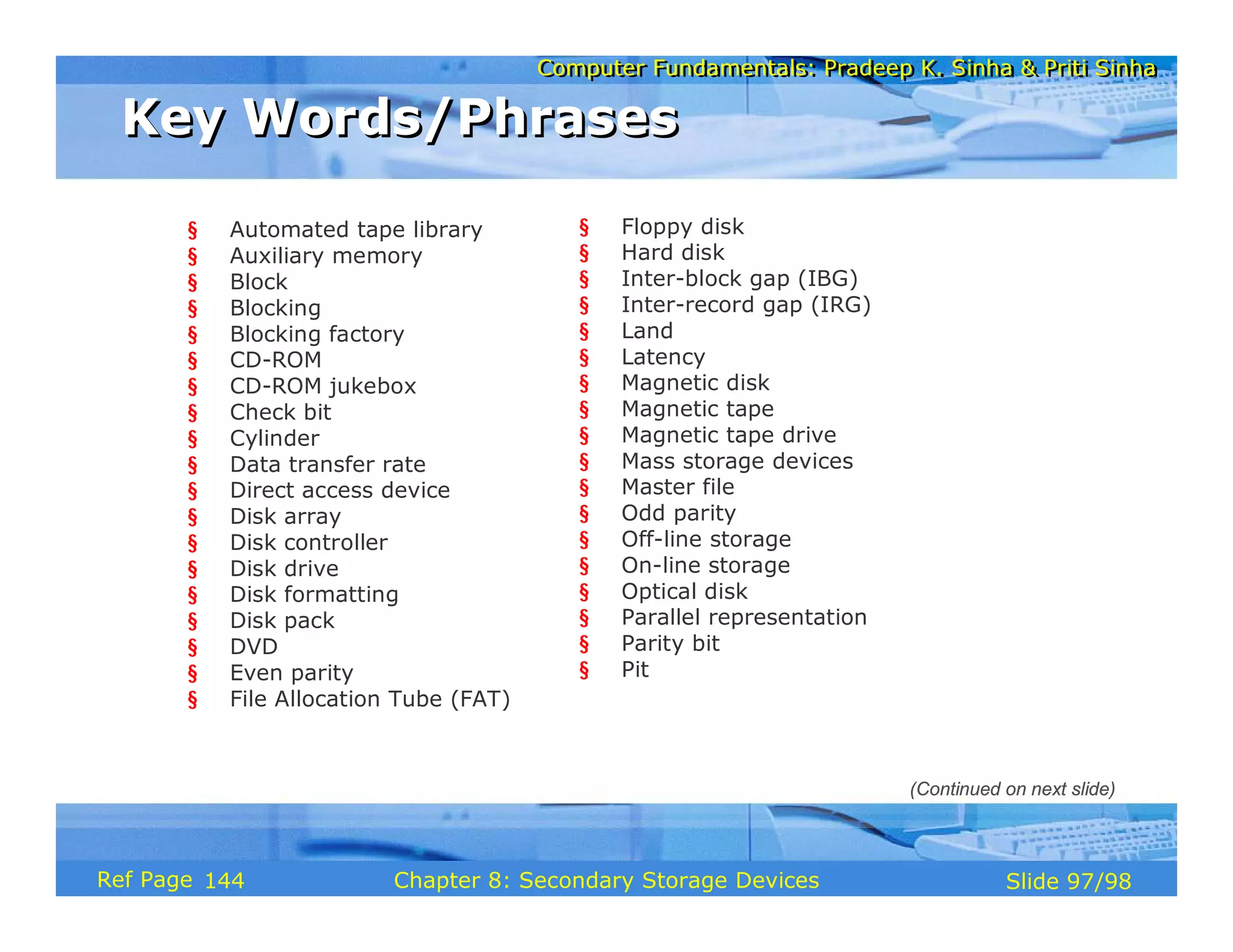 Computer Fundamentals: Pradeep K. Sinha & Priti Sinha
Computer Fundamentals: Pradeep K. Sinha & Priti Sinha
Slide 97/98
Chapter 8: Secondary Storage Devices
Ref Page
§ Automated tape library
§ Auxiliary memory
§ Block
§ Blocking
§ Blocking factory
§ CD-ROM
§ CD-ROM jukebox
§ Check bit
§ Cylinder
§ Data transfer rate
§ Direct access device
§ Disk array
§ Disk controller
§ Disk drive
§ Disk formatting
§ Disk pack
§ DVD
§ Even parity
§ File Allocation Tube (FAT)
§ Floppy disk
§ Hard disk
§ Inter-block gap (IBG)
§ Inter-record gap (IRG)
§ Land
§ Latency
§ Magnetic disk
§ Magnetic tape
§ Magnetic tape drive
§ Mass storage devices
§ Master file
§ Odd parity
§ Off-line storage
§ On-line storage
§ Optical disk
§ Parallel representation
§ Parity bit
§ Pit
Key Words/Phrases
Key Words/Phrases
(Continued on next slide)
144
 