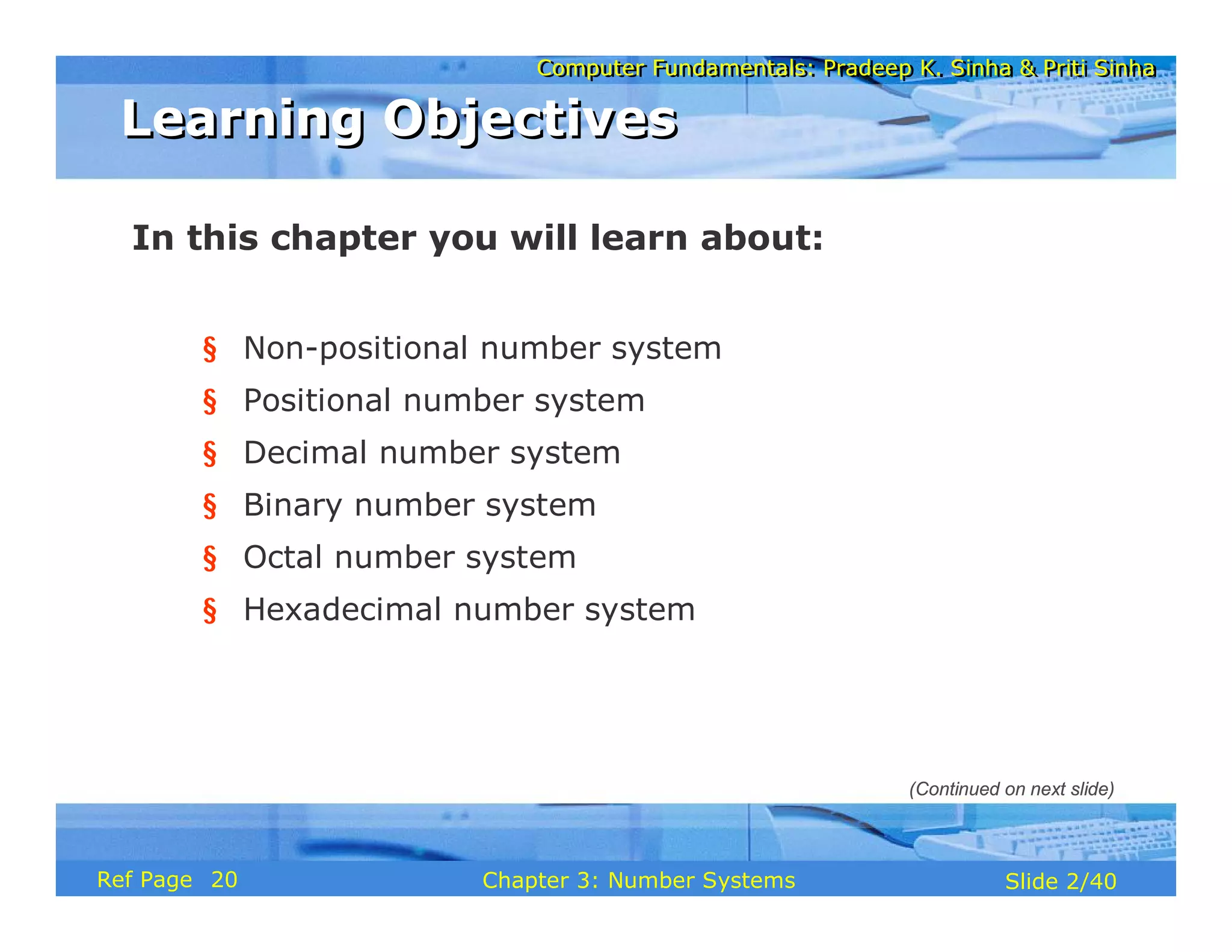 Computer Fundamentals: Pradeep K. Sinha & Priti Sinha
Computer Fundamentals: Pradeep K. Sinha & Priti Sinha
Slide 2/40
Chapter 3: Number Systems
Ref Page
In this chapter you will learn about:
§ Non-positional number system
§ Positional number system
§ Decimal number system
§ Binary number system
§ Octal number system
§ Hexadecimal number system
Learning Objectives
Learning Objectives
(Continued on next slide)
20
 