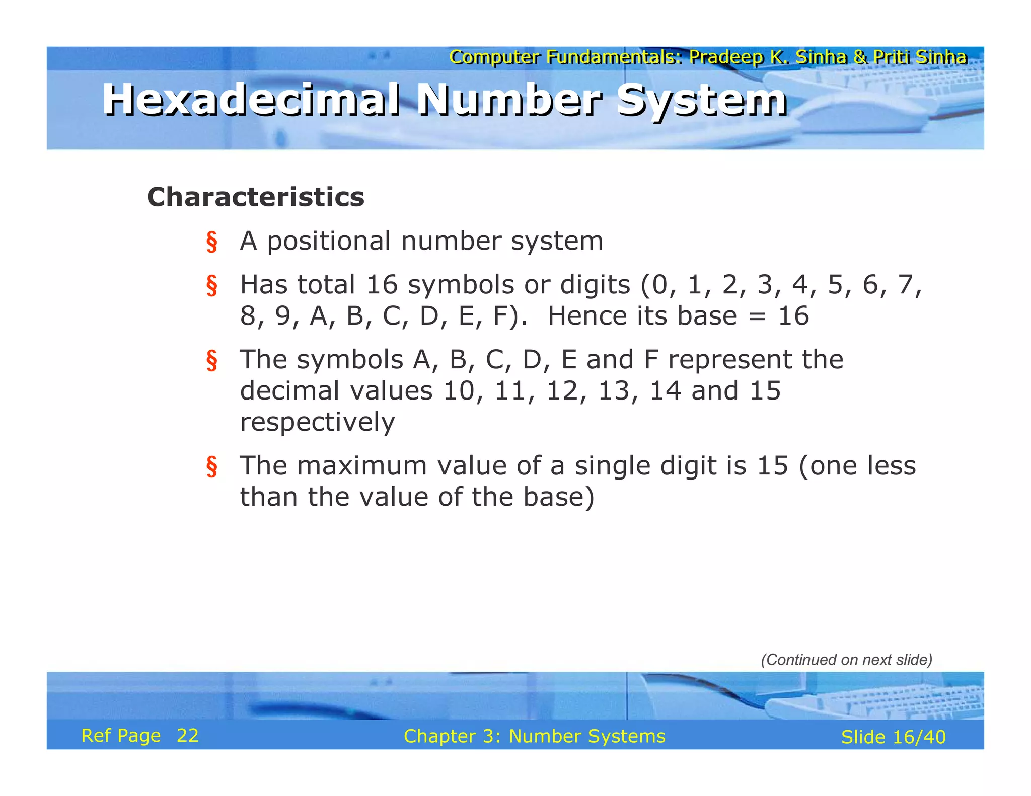 Computer Fundamentals: Pradeep K. Sinha & Priti Sinha
Computer Fundamentals: Pradeep K. Sinha & Priti Sinha
Slide 16/40
Chapter 3: Number Systems
Ref Page
Characteristics
§ A positional number system
§ Has total 16 symbols or digits (0, 1, 2, 3, 4, 5, 6, 7,
8, 9, A, B, C, D, E, F). Hence its base = 16
§ The symbols A, B, C, D, E and F represent the
decimal values 10, 11, 12, 13, 14 and 15
respectively
§ The maximum value of a single digit is 15 (one less
than the value of the base)
Hexadecimal Number System
Hexadecimal Number System
(Continued on next slide)
22
 