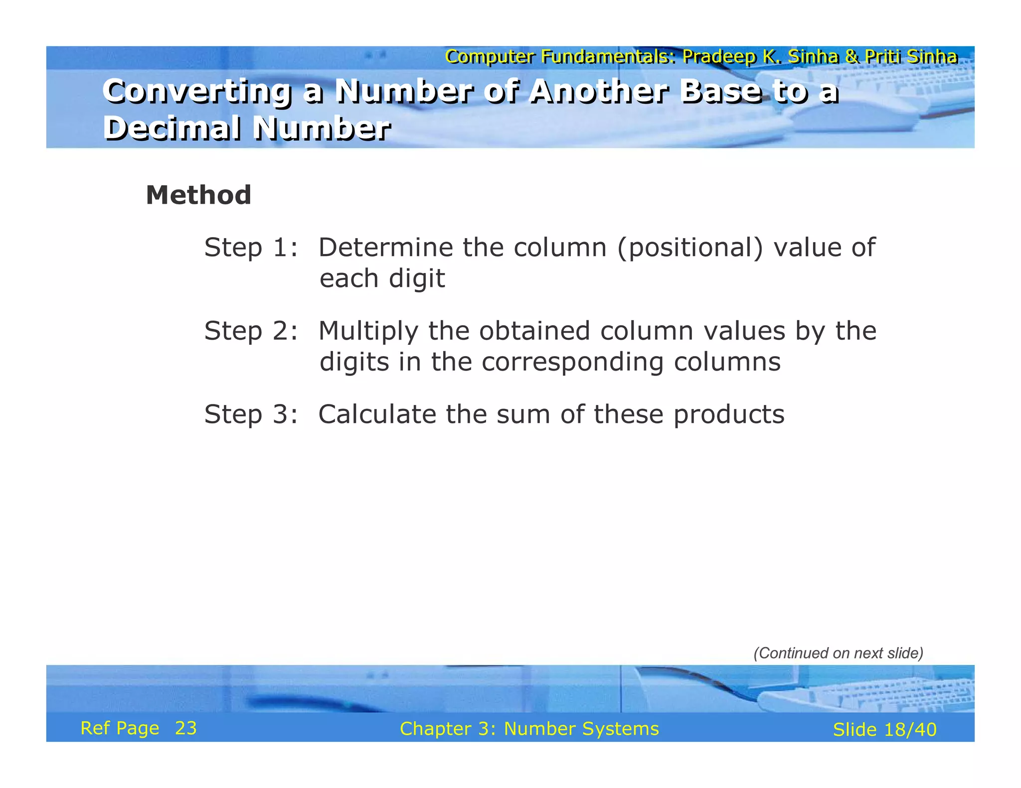 Computer Fundamentals: Pradeep K. Sinha & Priti Sinha
Computer Fundamentals: Pradeep K. Sinha & Priti Sinha
Slide 18/40
Chapter 3: Number Systems
Ref Page
Method
Step 1: Determine the column (positional) value of
each digit
Step 2: Multiply the obtained column values by the
digits in the corresponding columns
Step 3: Calculate the sum of these products
Converting a Number of Another Base to a
Decimal Number
Converting a Number of Another Base to a
Decimal Number
(Continued on next slide)
23
 
