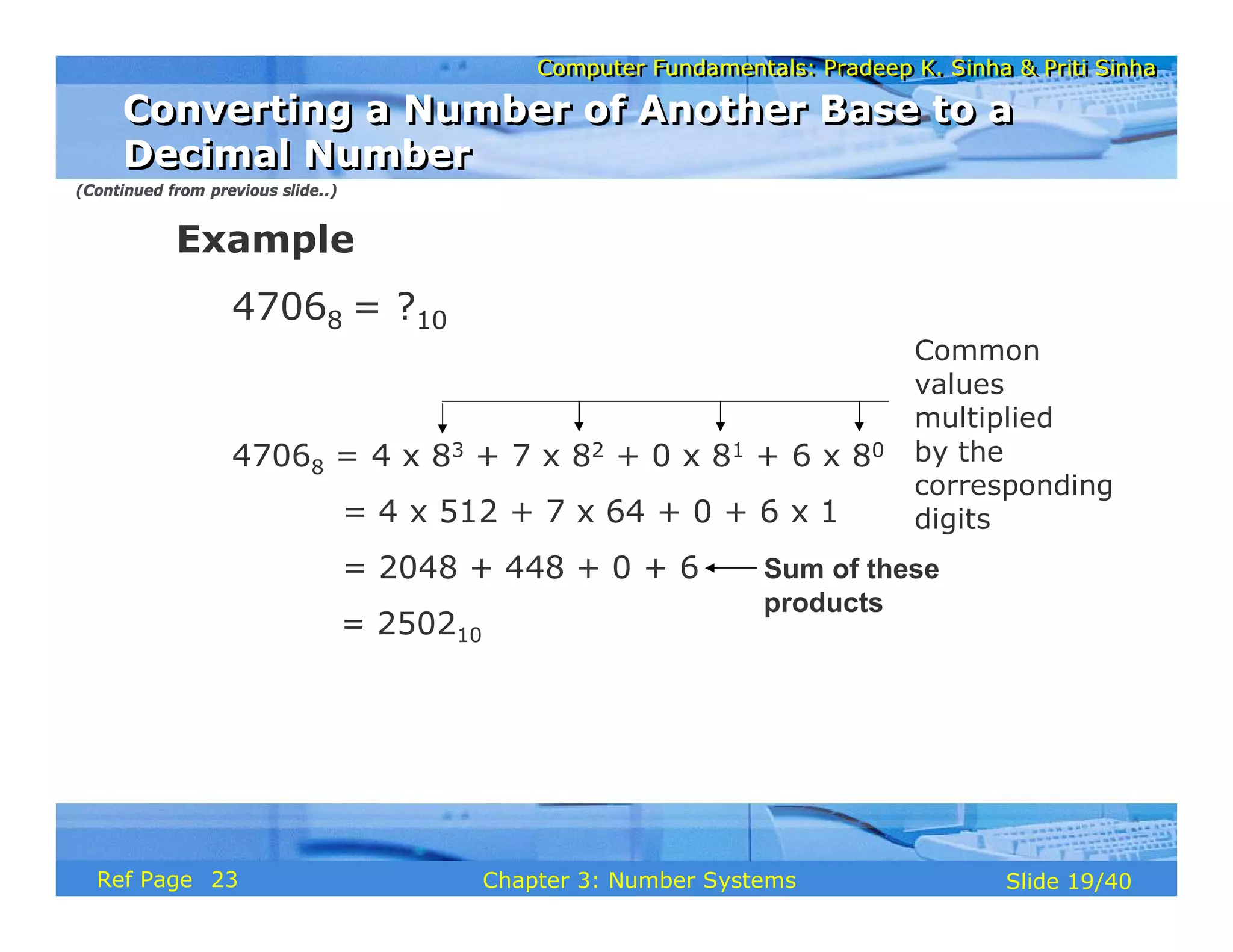 Computer Fundamentals: Pradeep K. Sinha & Priti Sinha
Computer Fundamentals: Pradeep K. Sinha & Priti Sinha
Slide 19/40
Chapter 3: Number Systems
Ref Page
Example
47068 = ?10
47068 = 4 x 83 + 7 x 82 + 0 x 81 + 6 x 80
= 4 x 512 + 7 x 64 + 0 + 6 x 1
= 2048 + 448 + 0 + 6
= 250210
Common
values
multiplied
by the
corresponding
digits
Sum of these
products
(Continued from previous slide..)
Converting a Number of Another Base to a
Decimal Number
Converting a Number of Another Base to a
Decimal Number
23
 