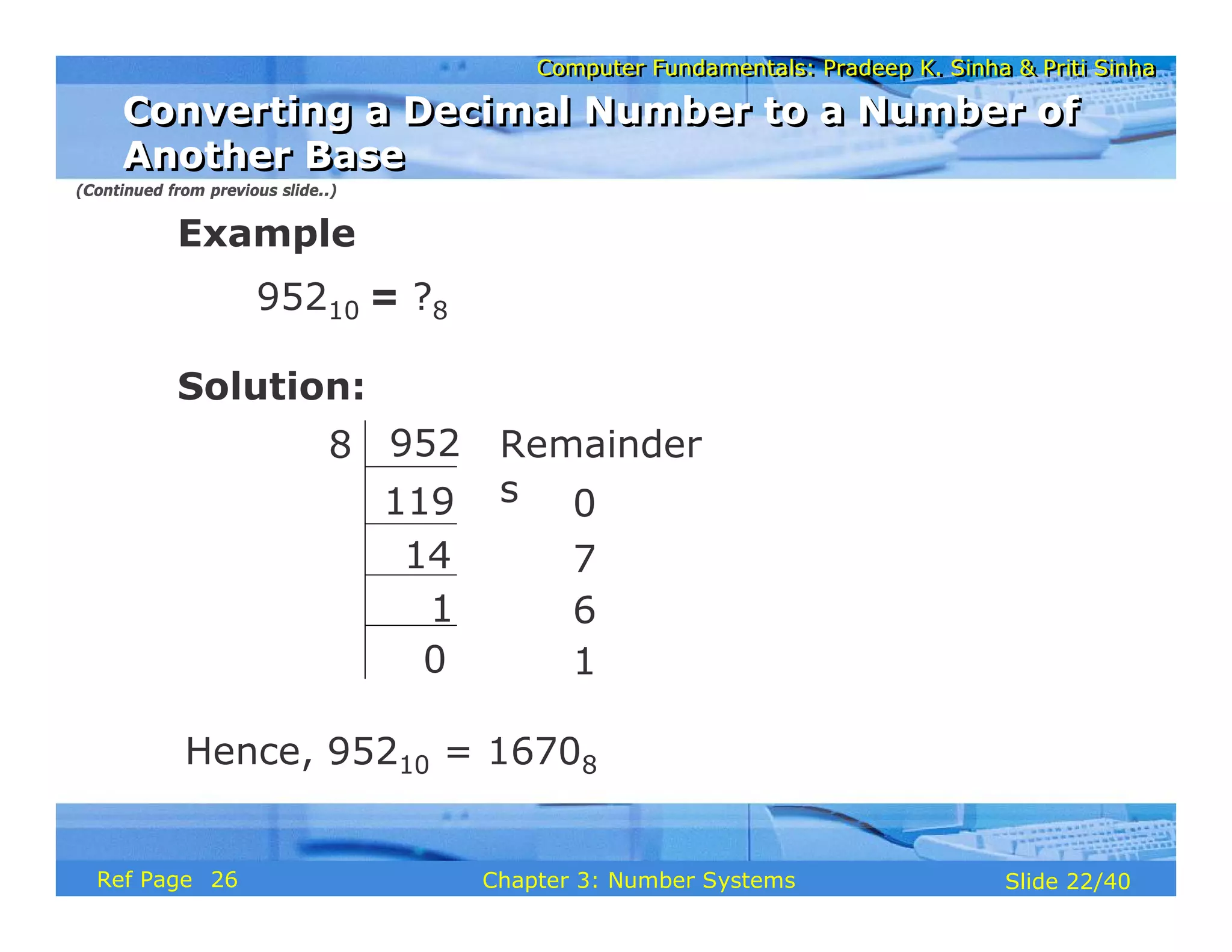 Computer Fundamentals: Pradeep K. Sinha & Priti Sinha
Computer Fundamentals: Pradeep K. Sinha & Priti Sinha
Slide 22/40
Chapter 3: Number Systems
Ref Page
Example
95210 = ?8
Solution:
Remainder
s
952
14
1
0
7
6
8
119
0 1
Hence, 95210 = 16708
(Continued from previous slide..)
Converting a Decimal Number to a Number of
Another Base
Converting a Decimal Number to a Number of
Another Base
26
 