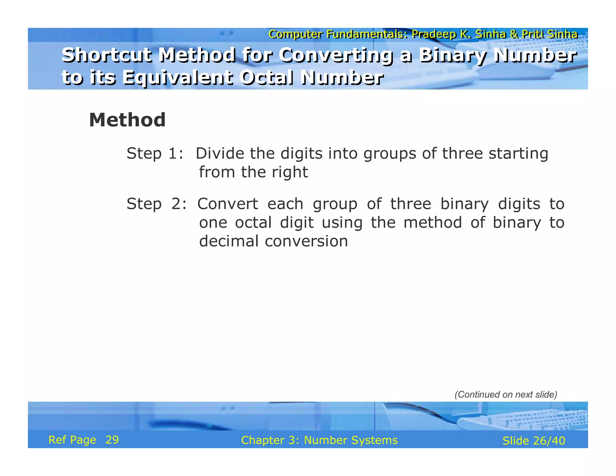 Computer Fundamentals: Pradeep K. Sinha & Priti Sinha
Computer Fundamentals: Pradeep K. Sinha & Priti Sinha
Slide 26/40
Chapter 3: Number Systems
Ref Page
Method
Step 1: Divide the digits into groups of three starting
from the right
Step 2: Convert each group of three binary digits to
one octal digit using the method of binary to
decimal conversion
Shortcut Method for Converting a Binary Number
to its Equivalent Octal Number
Shortcut Method for Converting a Binary Number
to its Equivalent Octal Number
(Continued on next slide)
29
 