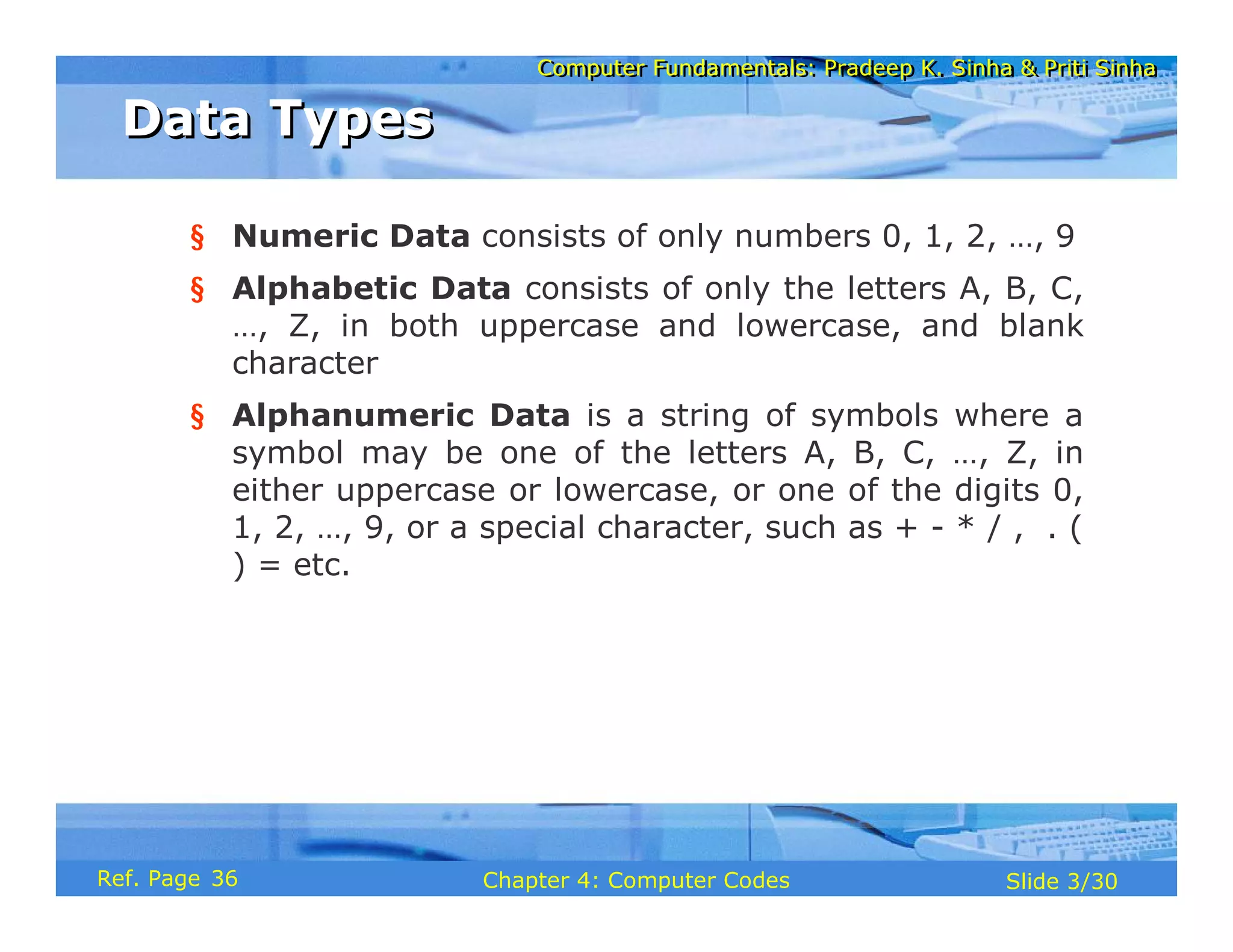 Computer Fundamentals: Pradeep K. Sinha & Priti Sinha
Computer Fundamentals: Pradeep K. Sinha & Priti Sinha
Slide 3/30
Chapter 4: Computer Codes
Ref. Page
§ Numeric Data consists of only numbers 0, 1, 2, …, 9
§ Alphabetic Data consists of only the letters A, B, C,
…, Z, in both uppercase and lowercase, and blank
character
§ Alphanumeric Data is a string of symbols where a
symbol may be one of the letters A, B, C, …, Z, in
either uppercase or lowercase, or one of the digits 0,
1, 2, …, 9, or a special character, such as + - * / , . (
) = etc.
Data Types
Data Types
36
 