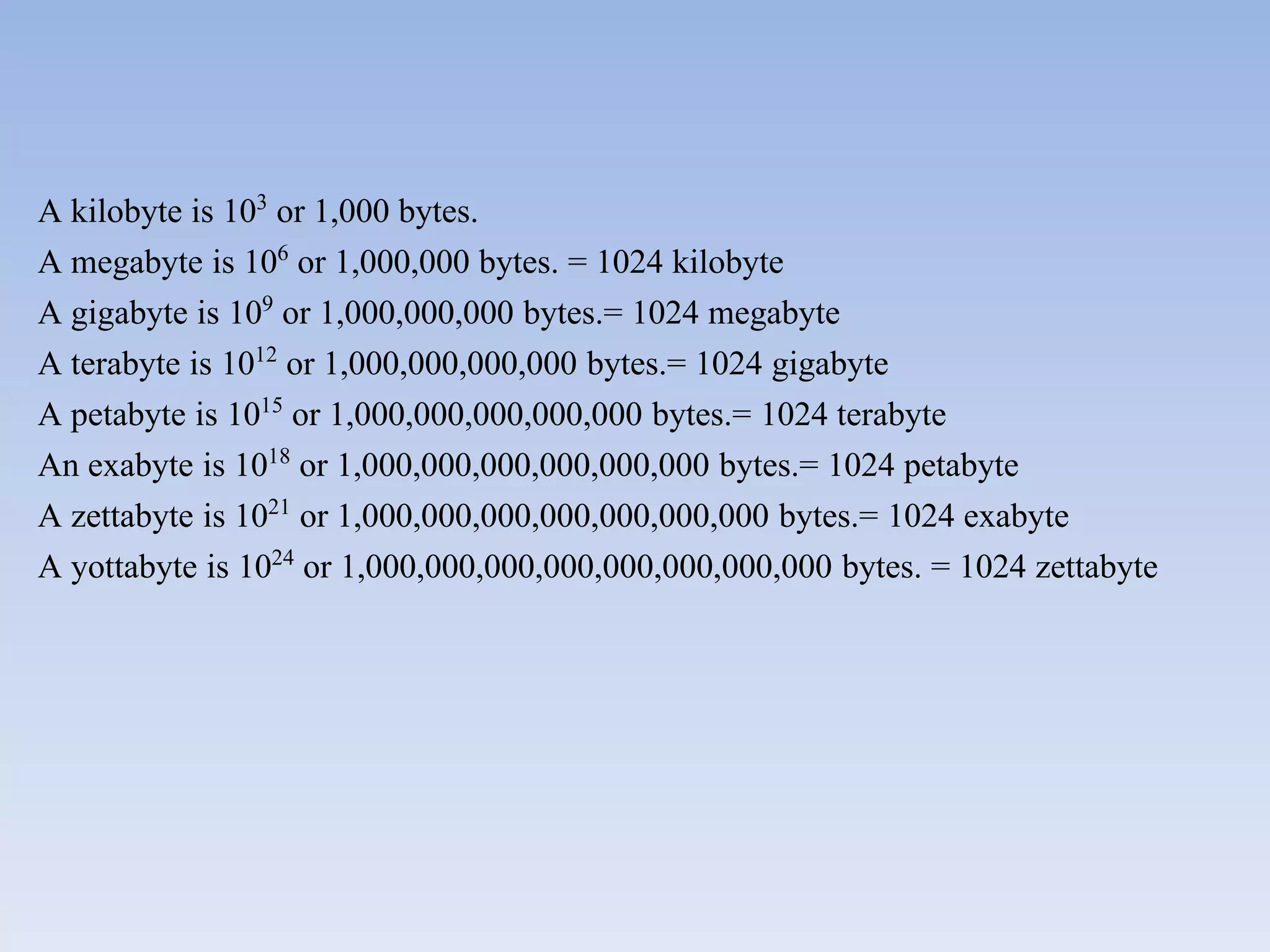 A kilobyte is 103 or 1,000 bytes.
A megabyte is 106 or 1,000,000 bytes. = 1024 kilobyte
A gigabyte is 109 or 1,000,000,000 bytes.= 1024 megabyte
A terabyte is 1012 or 1,000,000,000,000 bytes.= 1024 gigabyte
A petabyte is 1015 or 1,000,000,000,000,000 bytes.= 1024 terabyte
An exabyte is 1018 or 1,000,000,000,000,000,000 bytes.= 1024 petabyte
A zettabyte is 1021 or 1,000,000,000,000,000,000,000 bytes.= 1024 exabyte
A yottabyte is 1024 or 1,000,000,000,000,000,000,000,000 bytes. = 1024 zettabyte
 