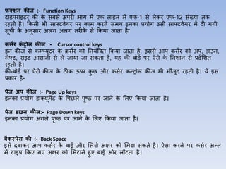 फक्शन कीज :- Function Keys
टाइपराइटर की के सबसे ऊपरह भाग में एक िाइन में एर्-1 से िेकर एर्-12 सिंख्या तक
रहती है। ककसी भी साफ्टवेयर पर काम करते समय इनका प्रयोग उसी साफ्टवेयर में दह गयी
सूची के अनुसार अिग अिग तरहके से ककया जाता हैा
कसडर कं ट्रोल कीज :- Cursor control keys
इन कीज से कम्प्यूटर के क्रसडर को ननयिंत्रित ककया जाता है, इससे आप कसडर को अप, र्ाउन,
िेफ्ट, राइट आसानी से िे जाया जा सकता है, यह की बोर्ड पर ऐरो के ननशान से प्रदडलशत
रहती है।
की-बोर्ड पर ऐरो कीज के ठीक ऊपर कु छ और कसडर कन्रोि कीज भी मौजूद रहती है। ये इस
प्रकार है-
पेज अप कीज :- Page Up keys
इनका प्रयोग र्ाक्यूमेंट के पपछिे पृष्ठ पर जाने के लिए ककया जाता है।
पेज र्ाउन कीज:- Page Down keys
इनका प्रयोग अगिे पृष्ठ पर जाने के लिए ककया जाता है।
बैकस्पेस की :- Back Space
इसे दबाकर आप कसडर के बाइड और लिखे अक्षर को लमटा सकते है। ऐसा करने पर कसडर अन्त
में टाइप ककए गए अक्षर को लमटाने हुए बाइड ओर िौटता है।
 