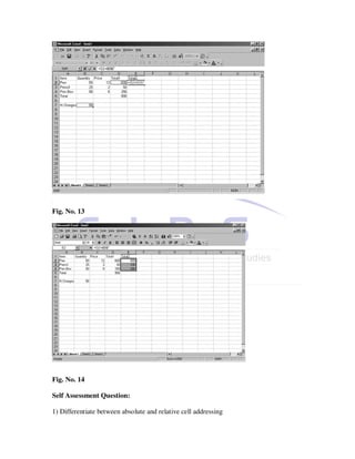 Fig. No. 13




Fig. No. 14

Self Assessment Question:

1) Differentiate between absolute and relative cell addressing
 