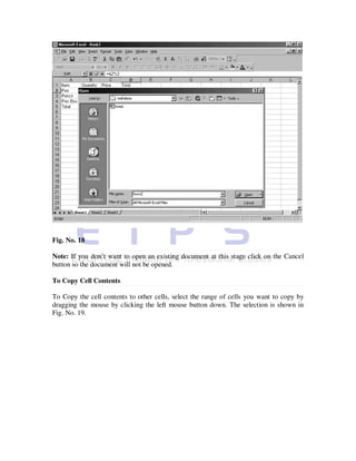 Fig. No. 18

Note: If you don’t want to open an existing document at this stage click on the Cancel
button so the document will not be opened.

To Copy Cell Contents

To Copy the cell contents to other cells, select the range of cells you want to copy by
dragging the mouse by clicking the left mouse button down. The selection is shown in
Fig. No. 19.
 