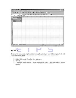 Fig. No. 19

To copy the contents to clip board (temporary location) you have following methods and
select one among them.

   1. Select Edit on the Menu bar then select copy
   2. Ctrl +C,
   3. Click right mouse button, a menu props up and select Copy and click left mouse
      button.
 