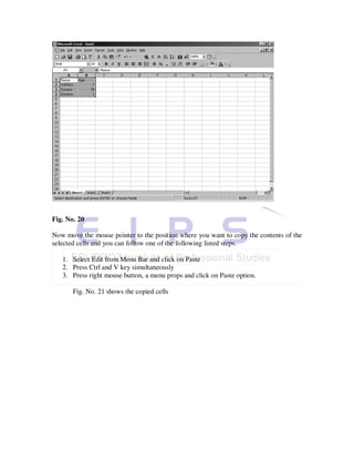 Fig. No. 20

Now move the mouse pointer to the position where you want to copy the contents of the
selected cells and you can follow one of the following listed steps.

   1. Select Edit from Menu Bar and click on Paste
   2. Press Ctrl and V key simultaneously
   3. Press right mouse button, a menu props and click on Paste option.

       Fig. No. 21 shows the copied cells
 