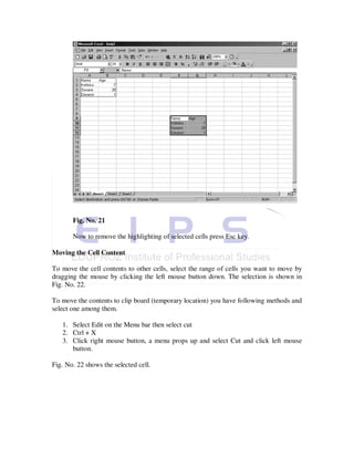 Fig. No. 21

       Now to remove the highlighting of selected cells press Esc key.

Moving the Cell Content

To move the cell contents to other cells, select the range of cells you want to move by
dragging the mouse by clicking the left mouse button down. The selection is shown in
Fig. No. 22.

To move the contents to clip board (temporary location) you have following methods and
select one among them.

   1. Select Edit on the Menu bar then select cut
   2. Ctrl + X
   3. Click right mouse button, a menu props up and select Cut and click left mouse
      button.

Fig. No. 22 shows the selected cell.
 