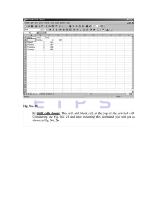 Fig. No. 25

       b) Shift cells down: This will add blank cell at the top of the selected cell.
       Considering the Fig. No. 24 and after executing this command you will get as
       shown in Fig. No. 26.
 