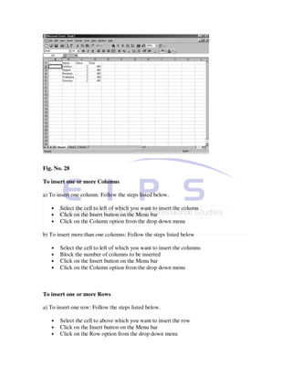 Fig. No. 28

To insert one or more Columns

a) To insert one column: Follow the steps listed below.

   •   Select the cell to left of which you want to insert the column
   •   Click on the Insert button on the Menu bar
   •   Click on the Column option from the drop down menu

b) To insert more than one columns: Follow the steps listed below

   •   Select the cell to left of which you want to insert the columns
   •   Block the number of columns to be inserted
   •   Click on the Insert button on the Menu bar
   •   Click on the Column option from the drop down menu



To insert one or more Rows

a) To insert one row: Follow the steps listed below.

   •   Select the cell to above which you want to insert the row
   •   Click on the Insert button on the Menu bar
   •   Click on the Row option from the drop down menu
 