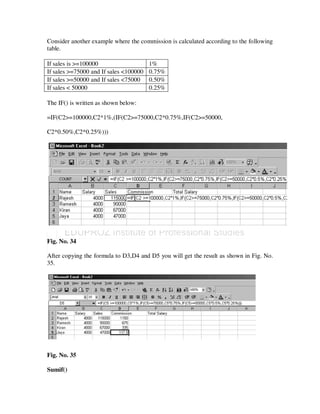 Consider another example where the commission is calculated according to the following
table.

If sales is >=100000                    1%
If sales >=75000 and If sales <100000   0.75%
If sales >=50000 and If sales <75000    0.50%
If sales < 50000                        0.25%

The IF() is written as shown below:

=IF(C2>=100000,C2*1%,(IF(C2>=75000,C2*0.75%,IF(C2>=50000,

C2*0.50%,C2*0.25%)))




Fig. No. 34

After copying the formula to D3,D4 and D5 you will get the result as shown in Fig. No.
35.




Fig. No. 35

Sumif()
 