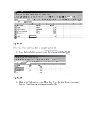Fig. No. 47

Follow the below mentioned steps to create the custom list.

   1. Select the list of which you want create the list as shown in Fig. No 48.




Fig. No. 48

   1. Click on to Tools option on the Menu Bar. From the drop down menu select
      Options. You will get the menu as shown in Fig. No. 49.
 