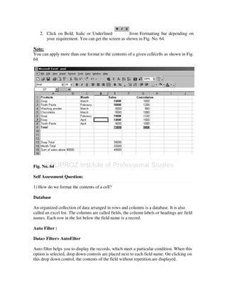 2. Click on Bold, Italic or Underlined           from Formatting bar depending on
      your requirement. You can get the screen as shown in Fig. No. 64.

Note:
You can apply more than one format to the contents of a given cell/cells as shown in Fig.
64




Fig. No. 64

Self Assessment Question:

1) How do we format the contents of a cell?

Database

An organized collection of data arranged in rows and columns is a database. It is also
called an excel list. The columns are called fields, the column labels or headings are field
names. Each row in the list below the field name is a record.

Auto Filter :

Data> Filter> AutoFilter

Auto filter helps you to display the records, which meet a particular condition. When this
option is selected, drop down controls are placed next to each field name. On clicking on
this drop down control, the contents of the field without repetition are displayed.
 
