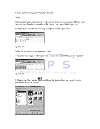 3) What are PivotTables and PivotChart Report?

Charts

Charts are graphical representation of information. Excel has tools to draw different types
charts, they are Bar charts, Area charts, Pie charts, Line charts, Radar charts etc.

To create charts consider the following example as shown figure below




Fig. No. 85

Follow the steps given below to create a chart

1) Select the data range of which you want to create the chart as shown in the Figure 86




Fig. No. 86


2) Click on the Chart wizard      available on the Standard tool bar you will get the
screen as shown in the Figure 87.
 