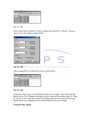 Fig. No. 104

In Sort menu select Column C in Sort by option and Column E in ‘Then by’ clause as
shown an use descending as shown below.




Fig. No. 105

After clicking OK you will get the screen as shown below.




Fig. No. 106

In the above figure you can see the Rajesh whose city is Udupi is shown first and then
Rajesh whose city is Mangalore because you have selected Descending option for ‘Then
by’ clause. If you would have selected Ascending option here too you would have got
Rajesh whose city is Mangalore first and then Rajesh whose city is Udupi.

Using the Filter option:
 