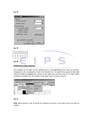 Fig. 78




Fig. 79

1 2 3 4 5 6




Fig. 80

Modifying the table properties:

The property of the table can be modified that is inserting/deleting the rows and columns,
merging the cells, changing the shade of the border etc. To modify the property of the table
select the table by dragging the mouse on the table area and then click on to Table option
available in the Menu bar. You will get a drop down menu as shown in Fig. 81.




Fig. 81

Note: Black patches in Fig. 81 shows the selection of column in the table, which you want to
modify.
 