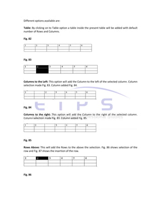 Different options available are:

Table: By clicking on to Table option a table inside the present table will be added with default
number of Rows and Columns.

Fig. 82




Fig. 83




Columns to the Left: This option will add the Column to the left of the selected column. Column
selection made Fig. 83. Column added Fig. 84.




Fig. 84

Columns to the right: This option will add the Column to the right of the selected column.
Column selection made Fig. 83. Column added Fig. 85.




Fig. 85

Rows Above: This will add the Rows to the above the selection. Fig. 86 shows selection of the
row and Fig. 87 shows the insertion of the row.




Fig. 86
 