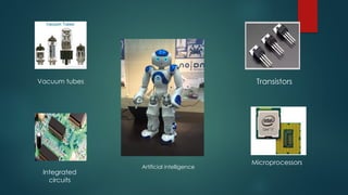 Vacuum tubes Transistors
Integrated
circuits
Microprocessors
Artificial intelligence
 