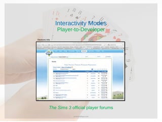 Interactivity Modes
Player-to-Developer
The Sims 3 official player forums
Electronic Arts
umairshafique.com
 