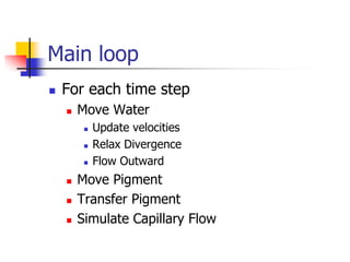 Main loop
   For each time step
       Move Water
            Update velocities
            Relax Divergence
            Flow Outward
       Move Pigment
       Transfer Pigment
       Simulate Capillary Flow
 
