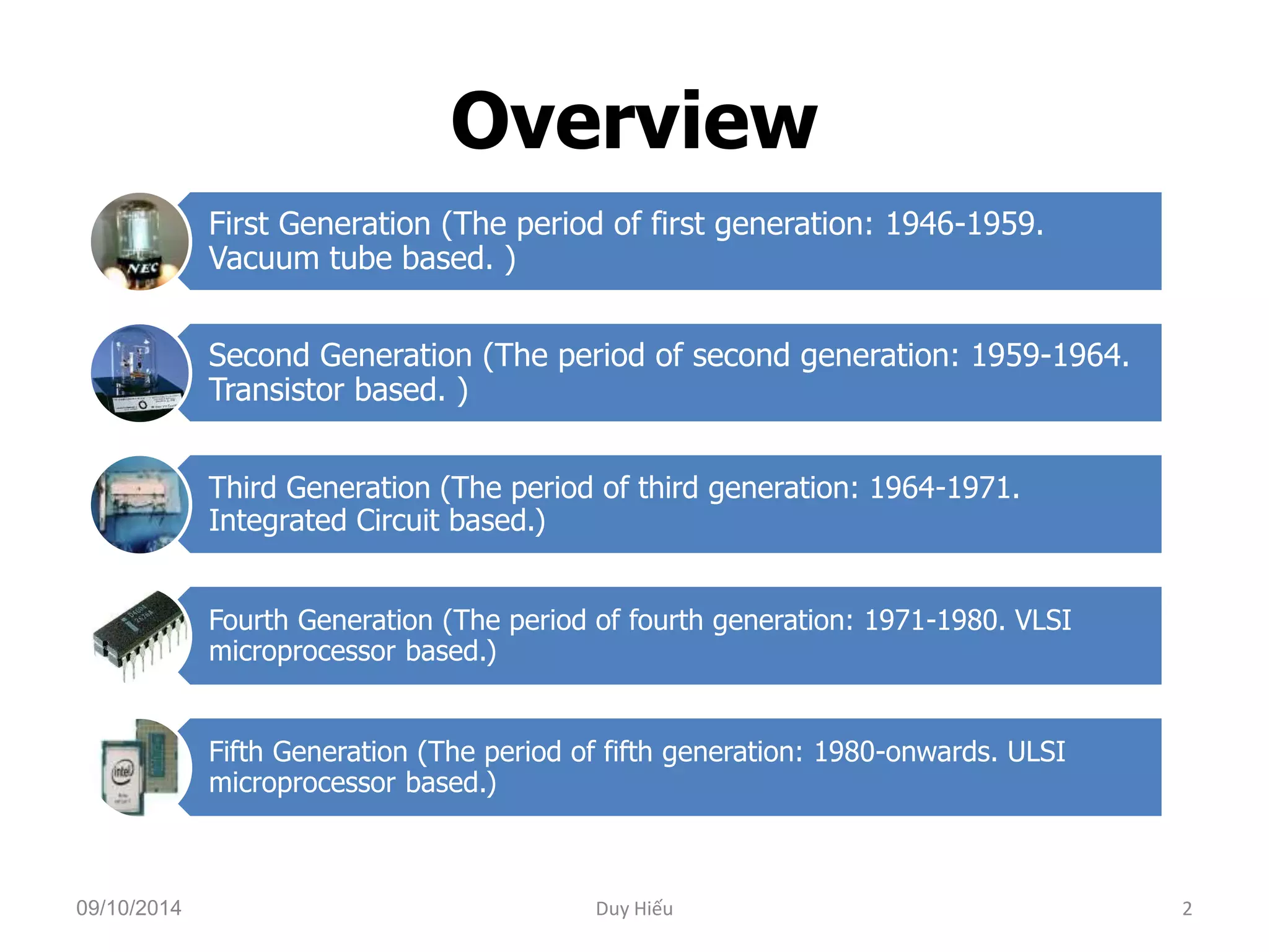 Overview 
First Generation (The period of first generation: 1946-1959. 
Vacuum tube based. ) 
Second Generation (The period of second generation: 1959-1964. 
Transistor based. ) 
Third Generation (The period of third generation: 1964-1971. 
Integrated Circuit based.) 
Fourth Generation (The period of fourth generation: 1971-1980. VLSI 
microprocessor based.) 
Fifth Generation (The period of fifth generation: 1980-onwards. ULSI 
microprocessor based.) 
09/10/2014 Duy Hiếu 2 
 