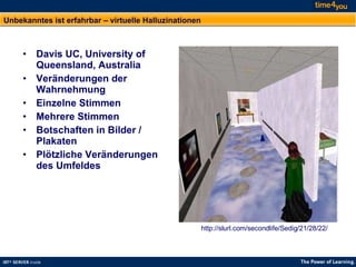 Unbekanntes ist erfahrbar – virtuelle Halluzinationen Davis UC, University of Queensland, Australia  Veränderungen der Wahrnehmung Einzelne Stimmen Mehrere Stimmen Botschaften in Bilder / Plakaten Plötzliche Veränderungen des Umfeldes http://slurl.com/secondlife/Sedig/21/28/22/ 