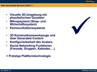 Was beinhaltet Second Life® ? Visuelle 3D-Umgebung mit physikalischen Gesetzen Mikropayment (Shop- und Wirtschaftssystem) Kommunikationssysteme 3D Konstruktionswerkzeuge und User Generated Content Konfigurierbarkeit des Avatars Social Networking Funktionen (Freunde, Gruppen, Kalender,…) > Prototyp Plattformtechnologie  