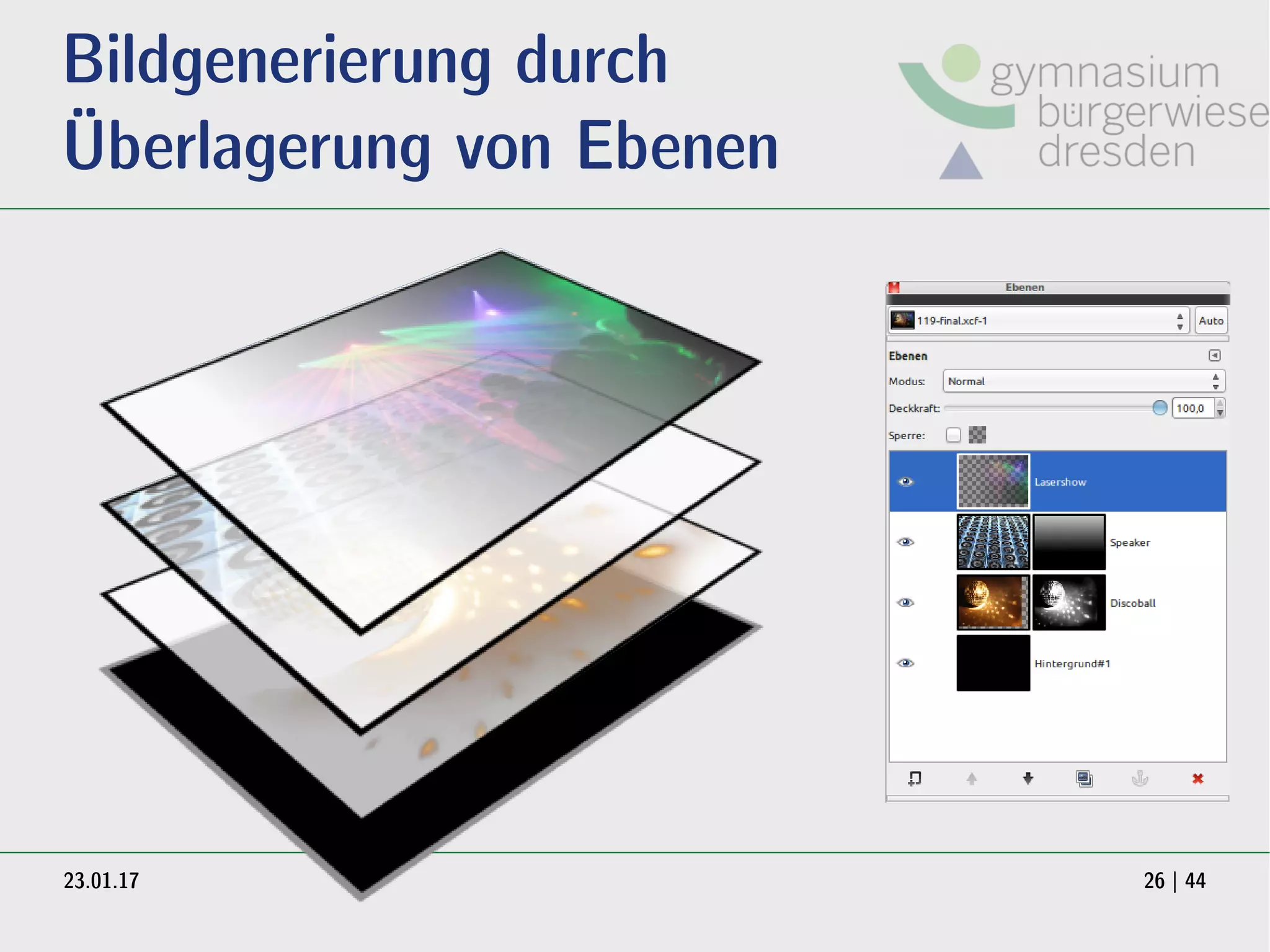 23.01.17 26 | 44
Bildgenerierung durch
Überlagerung von Ebenen
 