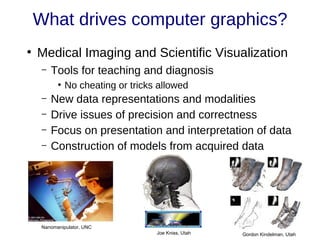 What drives computer graphics?
●
Medical Imaging and Scientific Visualization
– Tools for teaching and diagnosis
●
No cheating or tricks allowed
– New data representations and modalities
– Drive issues of precision and correctness
– Focus on presentation and interpretation of data
– Construction of models from acquired data
Nanomanipulator, UNC
Joe Kniss, Utah Gordon Kindelman, Utah
 