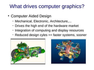 What drives computer graphics?
●
Computer Aided Design
– Mechanical, Electronic, Architecture,...
– Drives the high end of the hardware market
– Integration of computing and display resources
– Reduced design cyles == faster systems, sooner
 