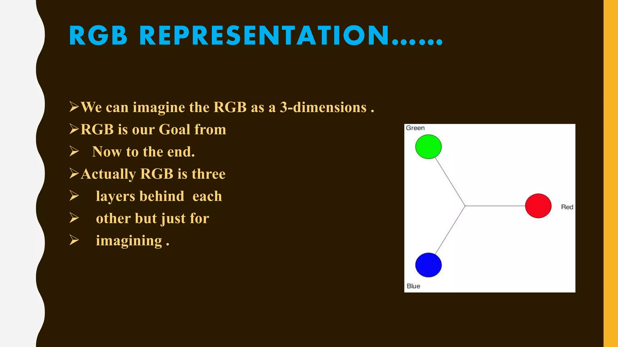 RGB REPRESENTATION……
We can imagine the RGB as a 3-dimensions .
RGB is our Goal from
 Now to the end.
Actually RGB is three
 layers behind each
 other but just for
 imagining .
 
