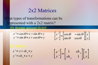 2x2 Matrices What types of transformations can be  represented with a 2x2 matrix? 2D Rotate around (0,0)? 2D Shear? 