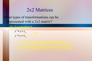 2x2 Matrices What types of transformations can be  represented with a 2x2 matrix? 2D Translation? Only linear 2D transformations  can be represented with a 2x2 matrix NO! 