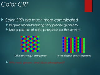 Color CRT
 Color CRTs are much more complicated
 Requires manufacturing very precise geometry
 Uses a pattern of color phosphors on the screen:
 Why red, green, and blue phosphors?
Delta electron gun arrangement In-line electron gun arrangement
 
