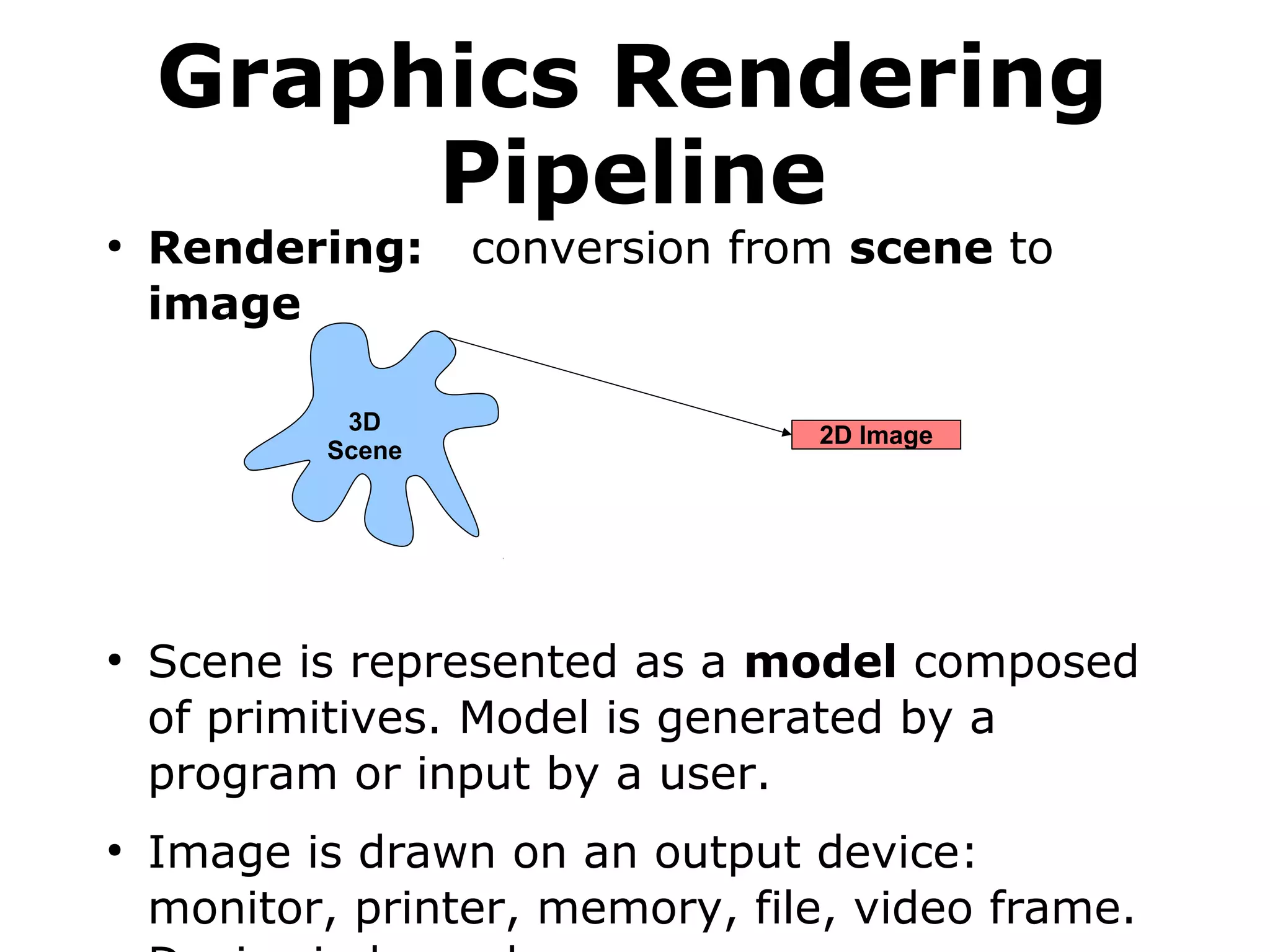 Graphics Rendering 
Pipeline 
● Rendering: conversion from scene to 
image 
3D 
Scene 2D Image 
● Scene is represented as a model composed 
of primitives. Model is generated by a 
program or input by a user. 
● Image is drawn on an output device: 
monitor, printer, memory, file, video frame. 
Device independence. 
 