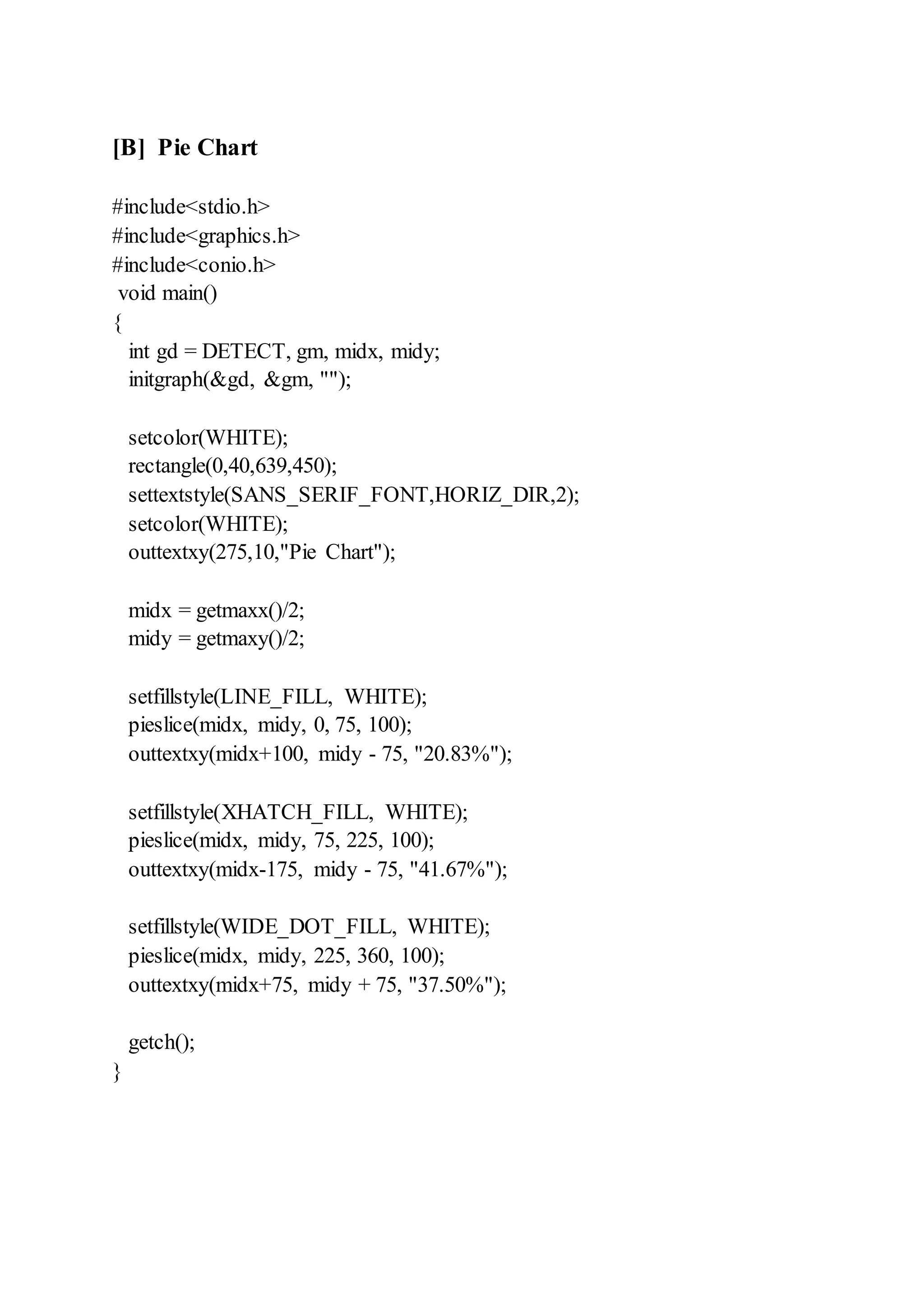 [B] Pie Chart
#include<stdio.h>
#include<graphics.h>
#include<conio.h>
void main()
{
int gd = DETECT, gm, midx, midy;
initgraph(&gd, &gm, "");
setcolor(WHITE);
rectangle(0,40,639,450);
settextstyle(SANS_SERIF_FONT,HORIZ_DIR,2);
setcolor(WHITE);
outtextxy(275,10,"Pie Chart");
midx = getmaxx()/2;
midy = getmaxy()/2;
setfillstyle(LINE_FILL, WHITE);
pieslice(midx, midy, 0, 75, 100);
outtextxy(midx+100, midy - 75, "20.83%");
setfillstyle(XHATCH_FILL, WHITE);
pieslice(midx, midy, 75, 225, 100);
outtextxy(midx-175, midy - 75, "41.67%");
setfillstyle(WIDE_DOT_FILL, WHITE);
pieslice(midx, midy, 225, 360, 100);
outtextxy(midx+75, midy + 75, "37.50%");
getch();
}
 