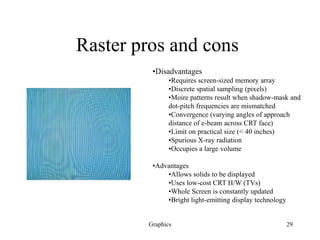 Graphics 29
Raster pros and cons
•Disadvantages
•Requires screen-sized memory array
•Discrete spatial sampling (pixels)
•Moire patterns result when shadow-mask and
dot-pitch frequencies are mismatched
•Convergence (varying angles of approach
distance of e-beam across CRT face)
•Limit on practical size (< 40 inches)
•Spurious X-ray radiation
•Occupies a large volume
•Advantages
•Allows solids to be displayed
•Uses low-cost CRT H/W (TVs)
•Whole Screen is constantly updated
•Bright light-emitting display technology
 
