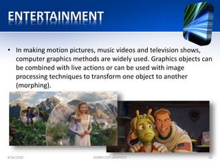 ENTERTAINMENT
• In making motion pictures, music videos and television shows,
computer graphics methods are widely used. Graphics objects can
be combined with live actions or can be used with image
processing techniques to transform one object to another
(morphing).
4/26/2020 COMPUTER GRAPHICS 19
 