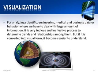 VISUALIZATION
• For analyzing scientific, engineering, medical and business data or
behavior where we have to deal with large amount of
information, it is very tedious and ineffective process to
determine trends and relationships among them. But if it is
converted into visual form, it becomes easier to understand.
4/26/2020 COMPUTER GRAPHICS 23
 