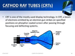 CATHOD RAY TUBES (CRTs)
• CRT is one of the mostly used display technology. In CRT, a beam
of electrons emitted by an electron gun strikes on specified
positions on phosphor coated screen after passing through
focusing and deflecting systems.
4/26/2020 COMPUTER GRAPHICS 30
 