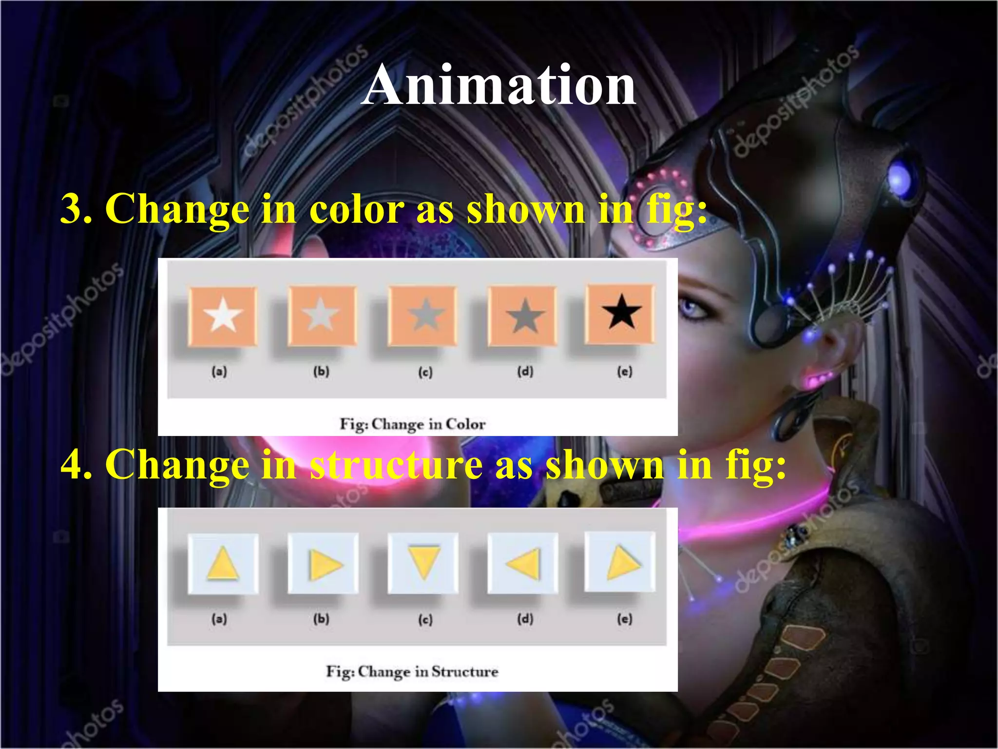 Animation
3. Change in color as shown in fig:
4. Change in structure as shown in fig:
 