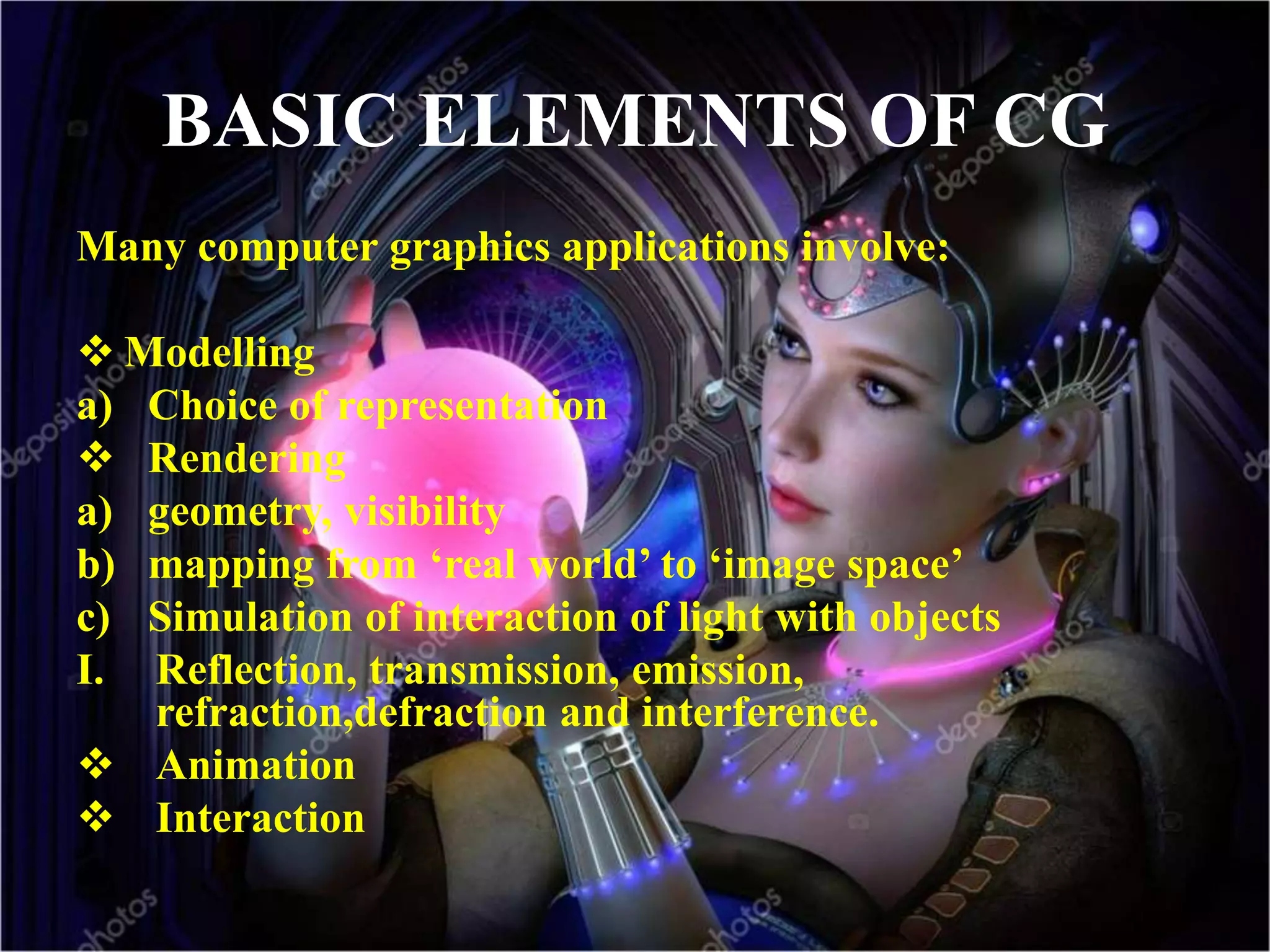 BASIC ELEMENTS OF CG
Many computer graphics applications involve:
 Modelling
a) Choice of representation
 Rendering
a) geometry, visibility
b) mapping from ‘real world’ to ‘image space’
c) Simulation of interaction of light with objects
I. Reflection, transmission, emission,
refraction,defraction and interference.
 Animation
 Interaction
 