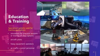 Education
& Training
Specialized systems used for
training applications
Introduction to Computer Graphics 18
IT Elec 2
18
• simulators for practice sessions
or training of ship captains
• aircraft pilots
• heavy equipment operators
• air traffic-control personnel
 